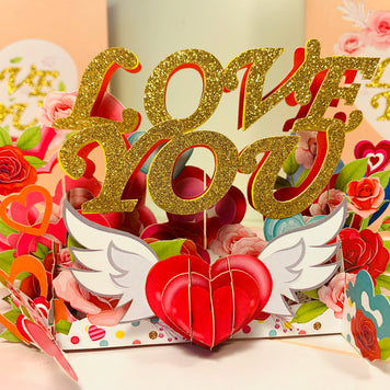 Sweetheart Rose Garden LOVE YOU 3D POP UP GREETING CARD - Created by Origami Pop Cards Australian Design & Handmade 3D Pop Up Magical Paper Cards, Handmade Pop Up Cards Happy Valentine's Day Celebrate Love Heart Fell and Romantic