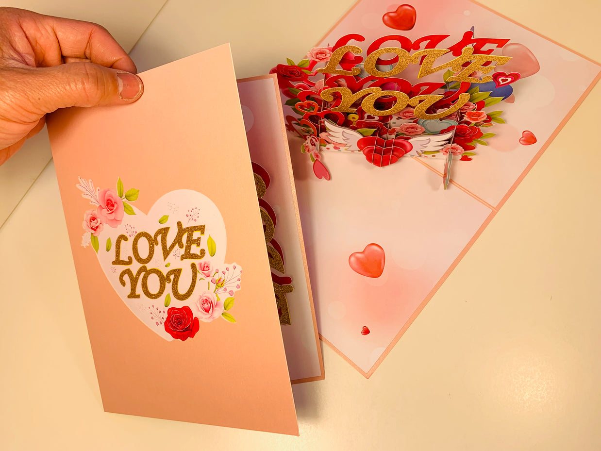 Sweetheart Rose Garden LOVE YOU 3D POP UP GREETING CARD - Created by Origami Pop Cards Australian Design & Handmade 3D Pop Up Magical Paper Cards, Handmade Pop Up Cards Happy Valentine's Day Celebrate Love Heart Fell and Romantic