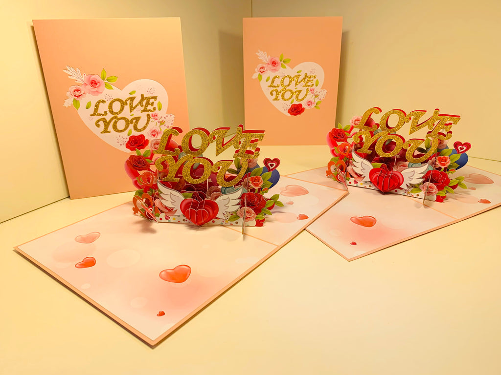 Sweetheart Rose Garden LOVE YOU 3D POP UP GREETING CARD - Created by Origami Pop Cards Australian Design & Handmade 3D Pop Up Magical Paper Cards, Handmade Pop Up Cards Happy Valentine's Day Celebrate Love Heart Fell and Romantic