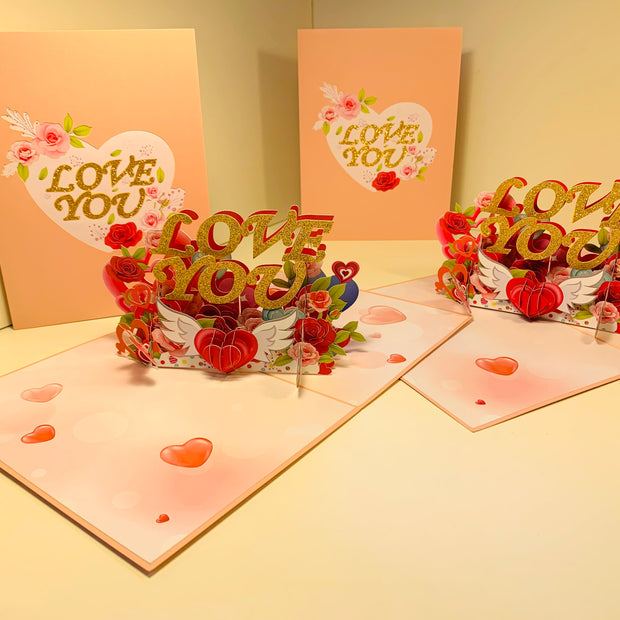 Sweetheart Rose Garden LOVE YOU 3D POP UP GREETING CARD - Created by Origami Pop Cards Australian Design & Handmade 3D Pop Up Magical Paper Cards, Handmade Pop Up Cards Happy Valentine's Day Celebrate Love Heart Fell and Romantic