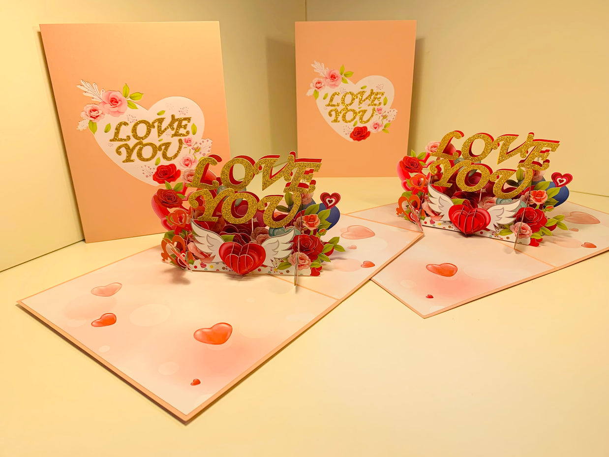 Sweetheart Rose Garden LOVE YOU 3D POP UP GREETING CARD - Created by Origami Pop Cards Australian Design & Handmade 3D Pop Up Magical Paper Cards, Handmade Pop Up Cards Happy Valentine's Day Celebrate Love Heart Fell and Romantic