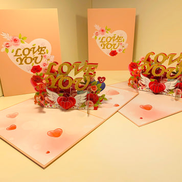 Sweetheart Rose Garden LOVE YOU 3D POP UP GREETING CARD - Created by Origami Pop Cards Australian Design & Handmade 3D Pop Up Magical Paper Cards, Handmade Pop Up Cards Happy Valentine's Day Celebrate Love Heart Fell and Romantic