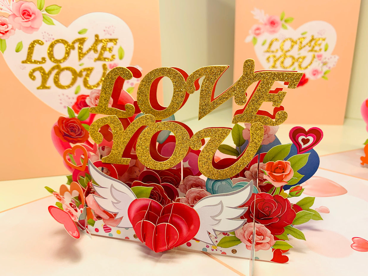 Sweetheart Rose Garden LOVE YOU 3D POP UP GREETING CARD - Created by Origami Pop Cards Australian Design & Handmade 3D Pop Up Magical Paper Cards, Handmade Pop Up Cards Happy Valentine's Day Celebrate Love Heart Fell and Romantic