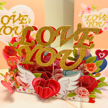 Sweetheart Rose Garden LOVE YOU 3D POP UP GREETING CARD - Created by Origami Pop Cards Australian Design & Handmade 3D Pop Up Magical Paper Cards, Handmade Pop Up Cards Happy Valentine's Day Celebrate Love Heart Fell and Romantic