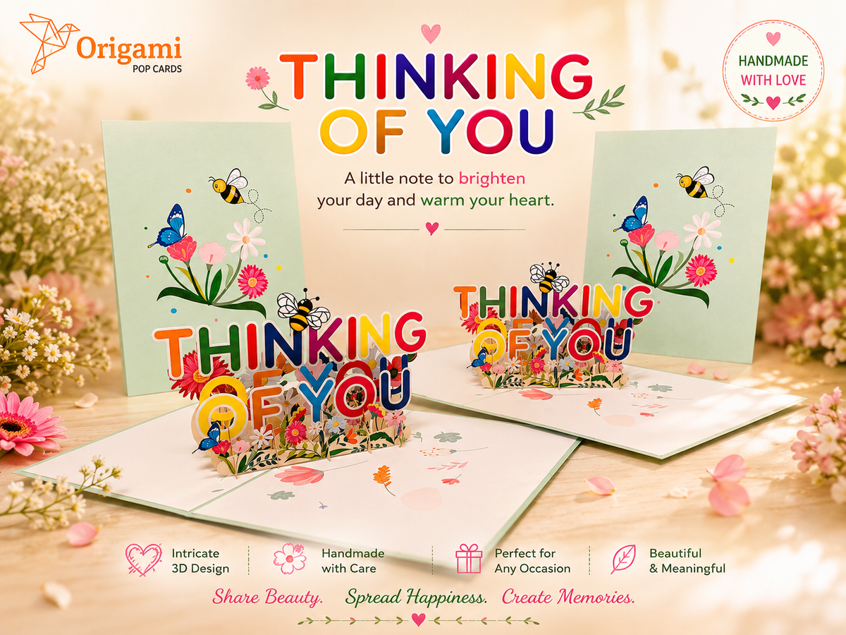 Sweetheart Spring Garden & Flowers THINKING OF YOU 3D POP UP GREETING CARD - Created by Origami Pop Cards Australian Design & Handmade 3D Pop Up Magical Paper Cards, Handmade Pop Up Cards Happy Valentine's Day Celebrate Love Heart Fell and Romantic