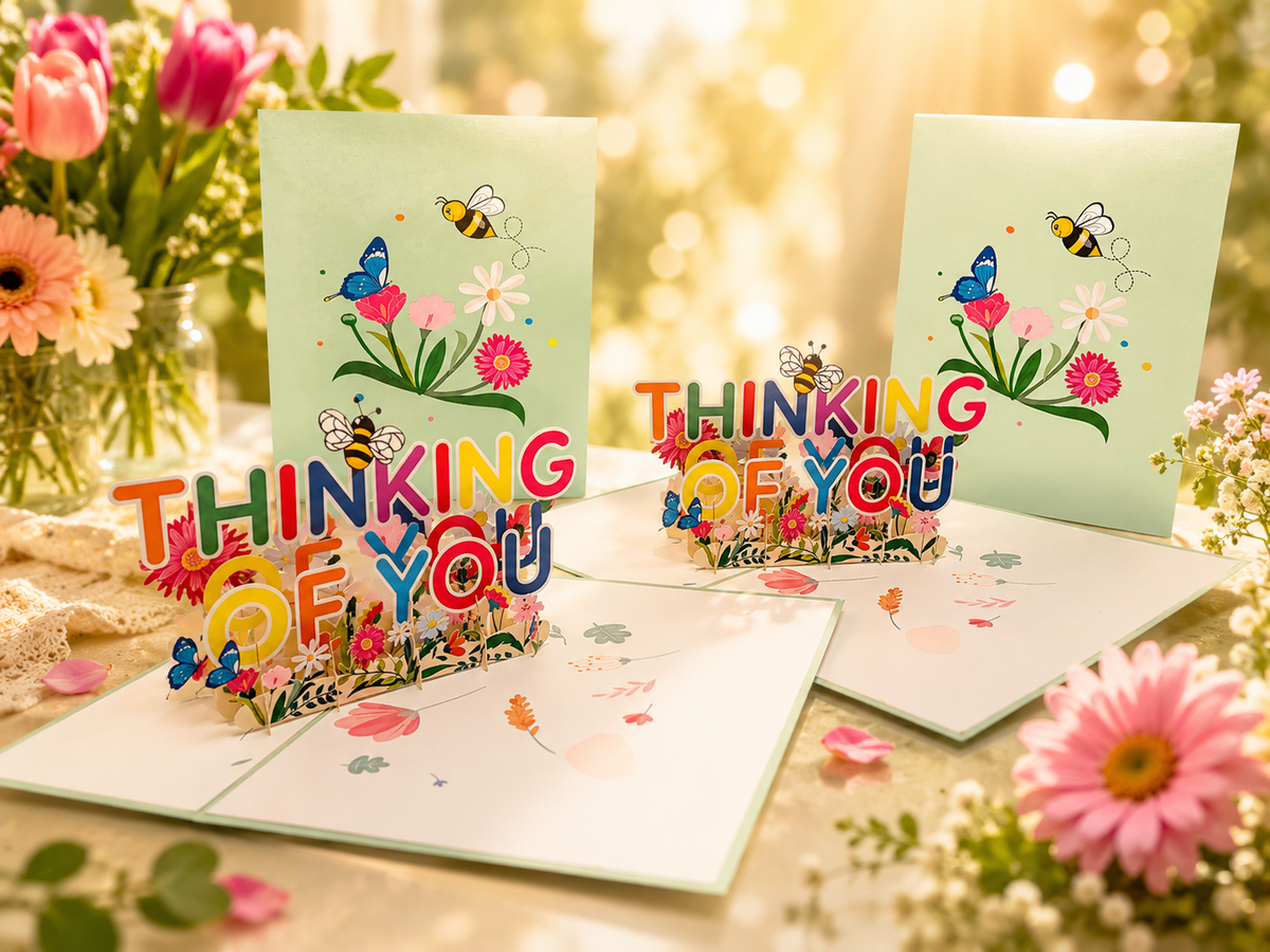 Sweetheart Spring Garden & Flowers THINKING OF YOU 3D POP UP GREETING CARD - Created by Origami Pop Cards Australian Design & Handmade 3D Pop Up Magical Paper Cards, Handmade Pop Up Cards Happy Valentine's Day Celebrate Love Heart Fell and Romantic