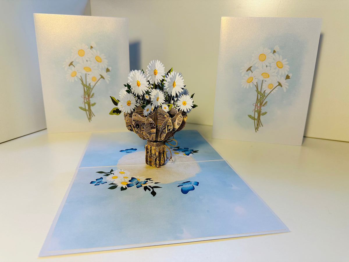 Sweetheart White Daisy Bouquet - Perfect for Spring Season Origami Pop Cards 3D Pop Up Greeting Card Happy Birthday Thank You Handmade Gift Thinking of You Blank Card for Any Occasion Happy Mother's Day Australiana Celebrate the Beauty of Flower
