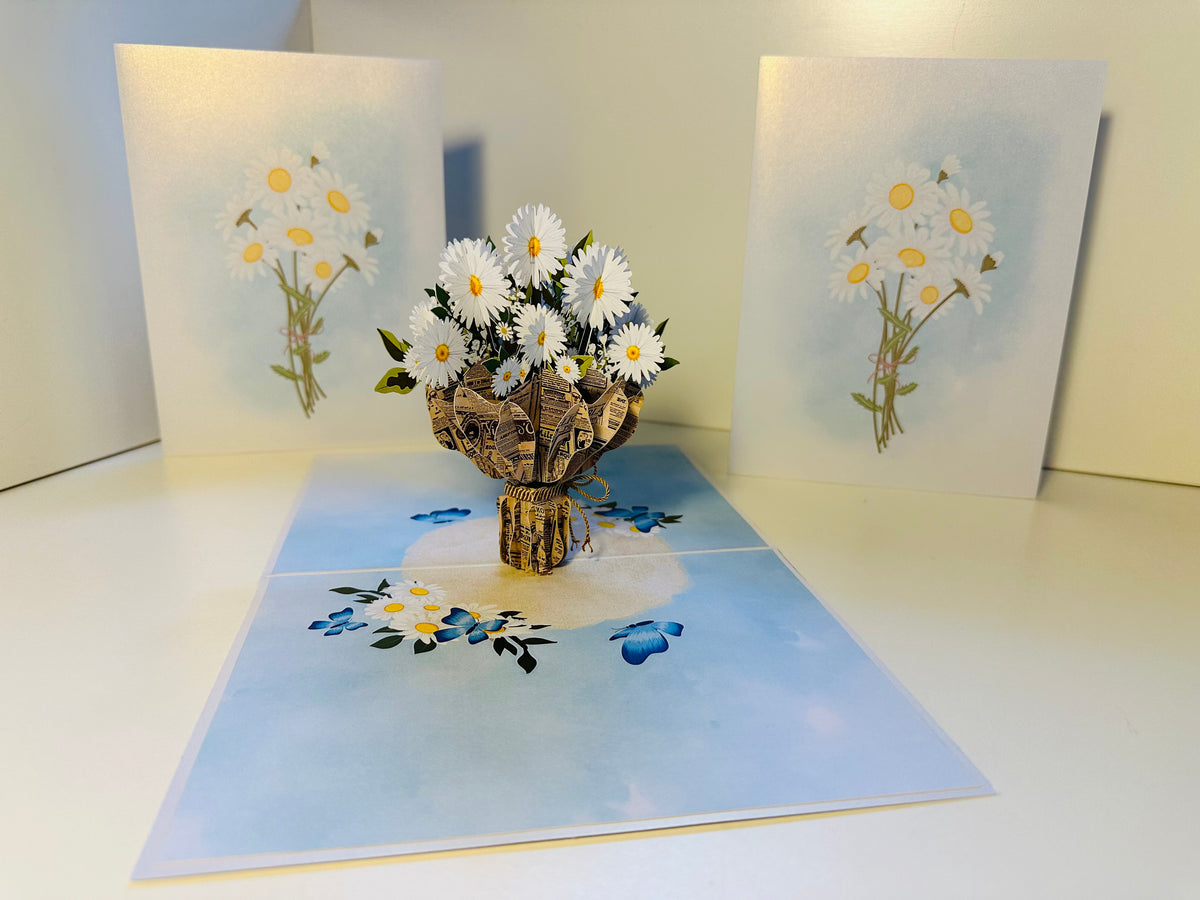 Sweetheart White Daisy Bouquet - Perfect for Spring Season Origami Pop Cards 3D Pop Up Greeting Card Happy Birthday Thank You Handmade Gift Thinking of You Blank Card for Any Occasion Happy Mother's Day Australiana Celebrate the Beauty of Flower