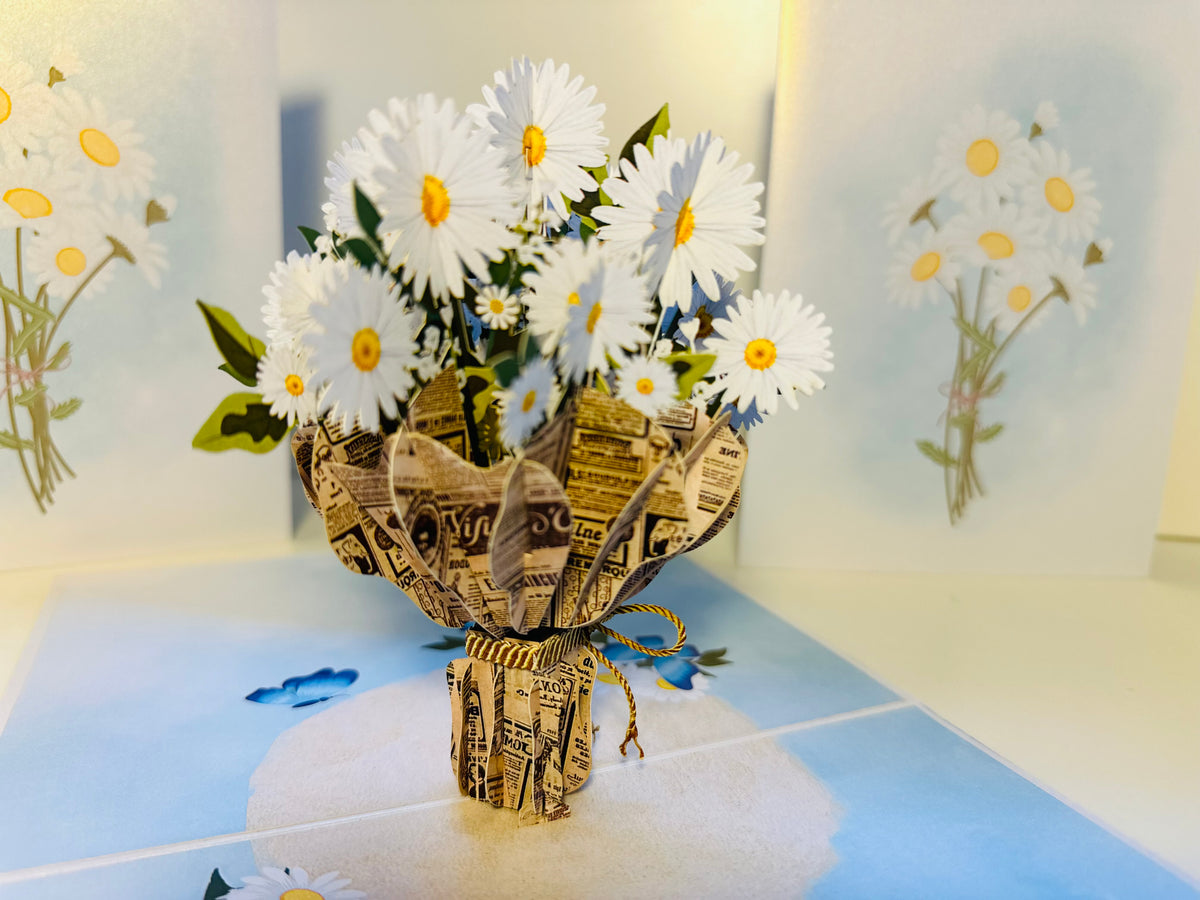Sweetheart White Daisy Bouquet - Perfect for Spring Season Origami Pop Cards 3D Pop Up Greeting Card Happy Birthday Thank You Handmade Gift Thinking of You Blank Card for Any Occasion Happy Mother's Day Australiana Celebrate the Beauty of Flower