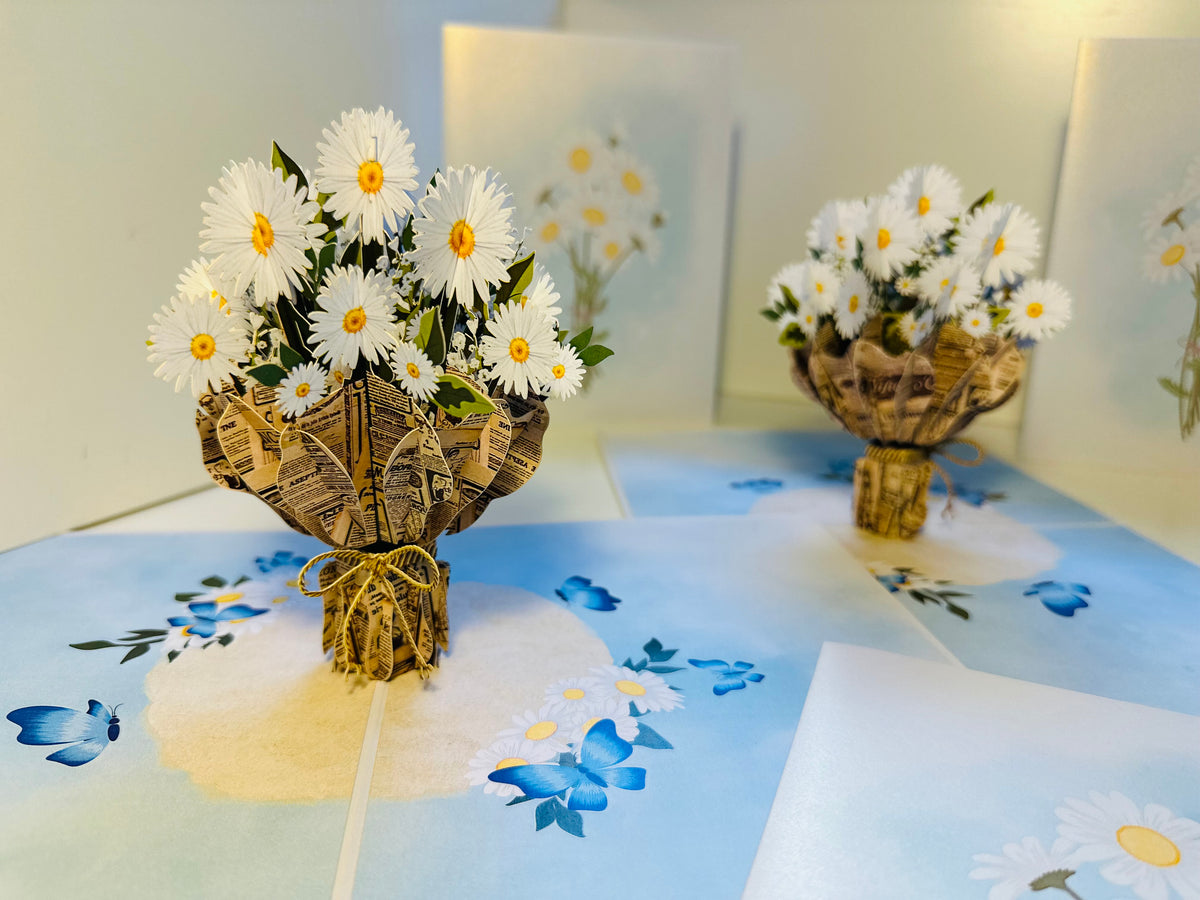 Sweetheart White Daisy Bouquet - Perfect for Spring Season Origami Pop Cards 3D Pop Up Greeting Card Happy Birthday Thank You Handmade Gift Thinking of You Blank Card for Any Occasion Happy Mother's Day Australiana Celebrate the Beauty of Flower
