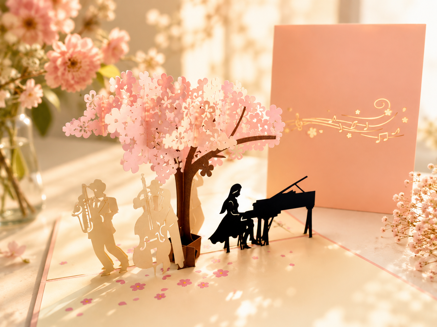 Symphony Orchestra Music Band under Cherry Blossom Tree 3D POP UP GREETING CARD - Created by Origami Pop Cards Australian Design & Handmade 3D Pop Up Magical Paper Cards, Handmade Pop Up Cards Happy Valentine's Day Celebrate Love Heart Fell and Romantic