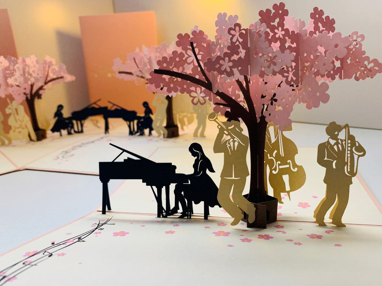 Symphony Orchestra Music Band under Cherry Blossom Tree 3D POP UP GREETING CARD - Created by Origami Pop Cards Australian Design & Handmade 3D Pop Up Magical Paper Cards, Handmade Pop Up Cards Happy Valentine's Day Celebrate Love Heart Fell and Romantic