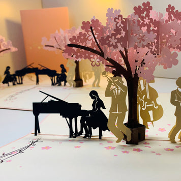 Symphony Orchestra Music Band under Cherry Blossom Tree 3D POP UP GREETING CARD - Created by Origami Pop Cards Australian Design & Handmade 3D Pop Up Magical Paper Cards, Handmade Pop Up Cards Happy Valentine's Day Celebrate Love Heart Fell and Romantic