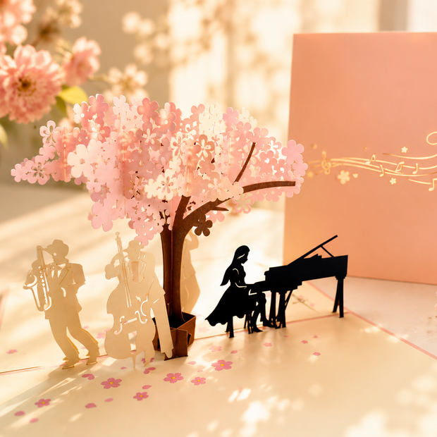 Symphony Orchestra Music Band under Cherry Blossom Tree 3D POP UP GREETING CARD - Created by Origami Pop Cards Australian Design & Handmade 3D Pop Up Magical Paper Cards, Handmade Pop Up Cards Happy Valentine's Day Celebrate Love Heart Fell and Romantic
