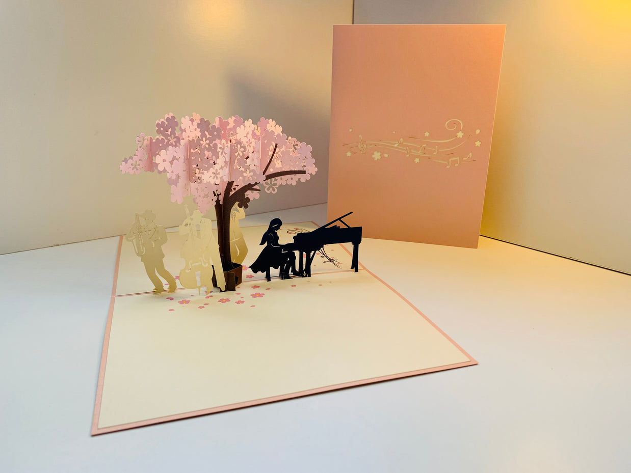Symphony Orchestra Music Band under Cherry Blossom Tree 3D POP UP GREETING CARD - Created by Origami Pop Cards Australian Design & Handmade 3D Pop Up Magical Paper Cards, Handmade Pop Up Cards Happy Valentine's Day Celebrate Love Heart Fell and Romantic