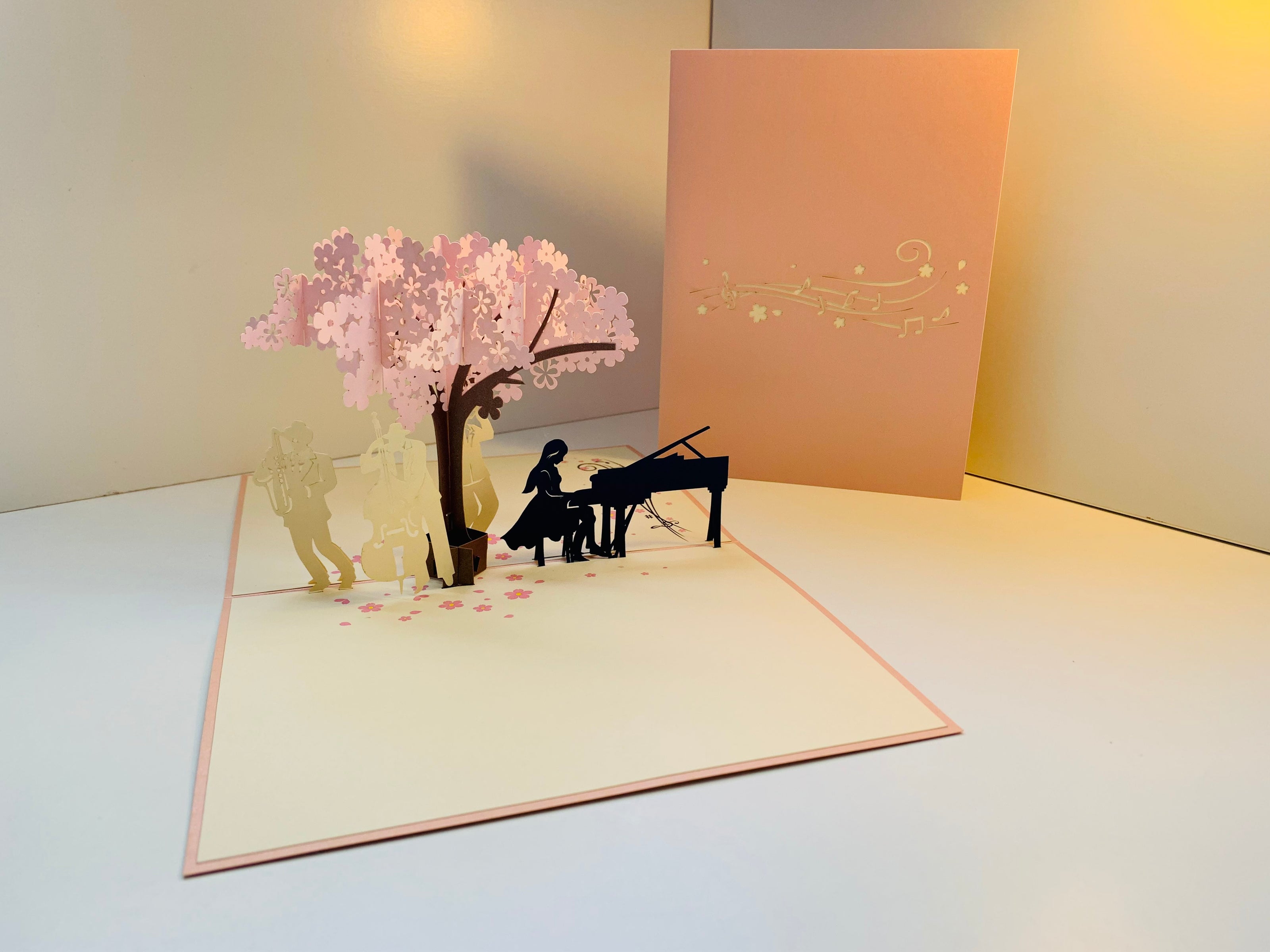 Symphony Orchestra Music Band under Cherry Blossom Tree 3D POP UP GREETING CARD - Created by Origami Pop Cards Australian Design & Handmade 3D Pop Up Magical Paper Cards, Handmade Pop Up Cards Happy Valentine's Day Celebrate Love Heart Fell and Romantic