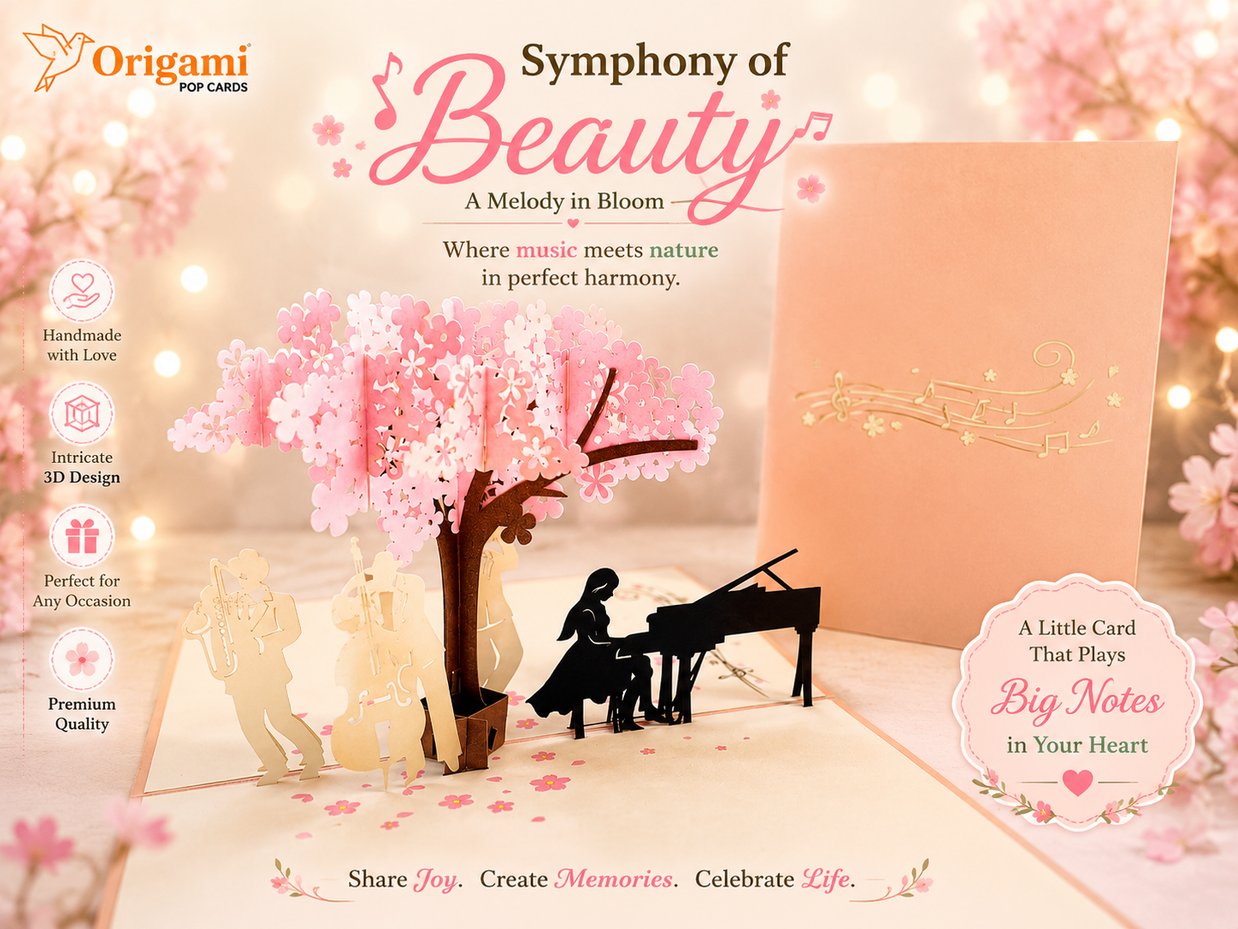 Symphony Orchestra Music Band under Cherry Blossom Tree 3D POP UP GREETING CARD - Created by Origami Pop Cards Australian Design & Handmade 3D Pop Up Magical Paper Cards, Handmade Pop Up Cards Happy Valentine's Day Celebrate Love Heart Fell and Romantic