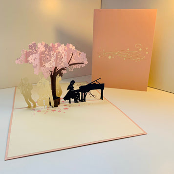 Symphony Orchestra Music Band under Cherry Blossom Tree 3D POP UP GREETING CARD - Created by Origami Pop Cards Australian Design & Handmade 3D Pop Up Magical Paper Cards, Handmade Pop Up Cards Happy Valentine's Day Celebrate Love Heart Fell and Romantic
