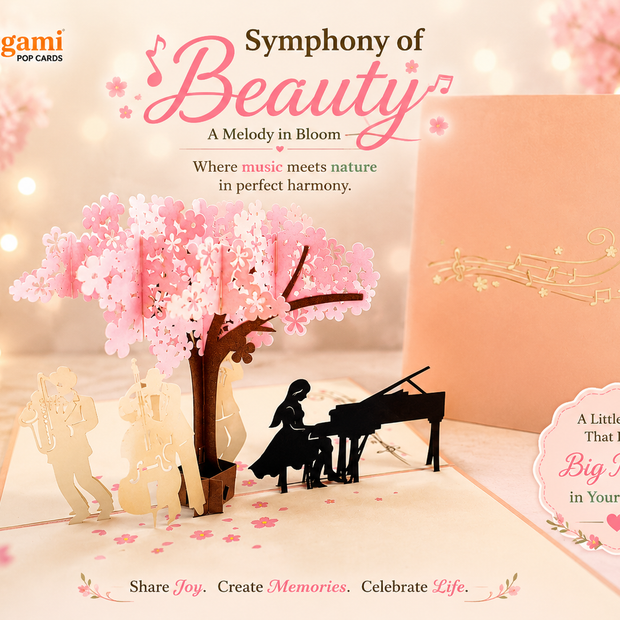 Symphony Orchestra Music Band under Cherry Blossom Tree 3D POP UP GREETING CARD - Created by Origami Pop Cards Australian Design & Handmade 3D Pop Up Magical Paper Cards, Handmade Pop Up Cards Happy Valentine's Day Celebrate Love Heart Fell and Romantic