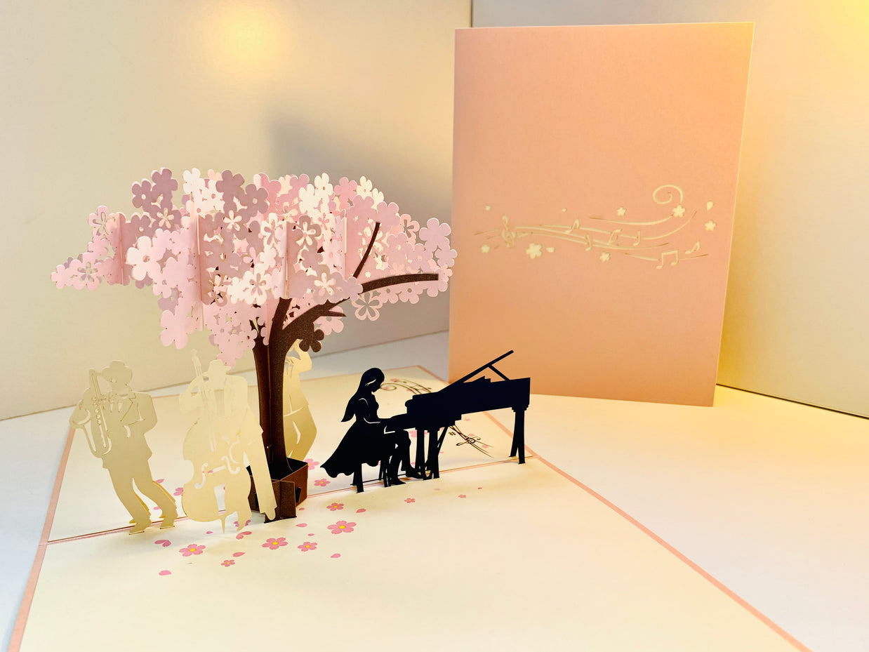 Symphony Orchestra Music Band under Cherry Blossom Tree 3D POP UP GREETING CARD - Created by Origami Pop Cards Australian Design & Handmade 3D Pop Up Magical Paper Cards, Handmade Pop Up Cards Happy Valentine's Day Celebrate Love Heart Fell and Romantic