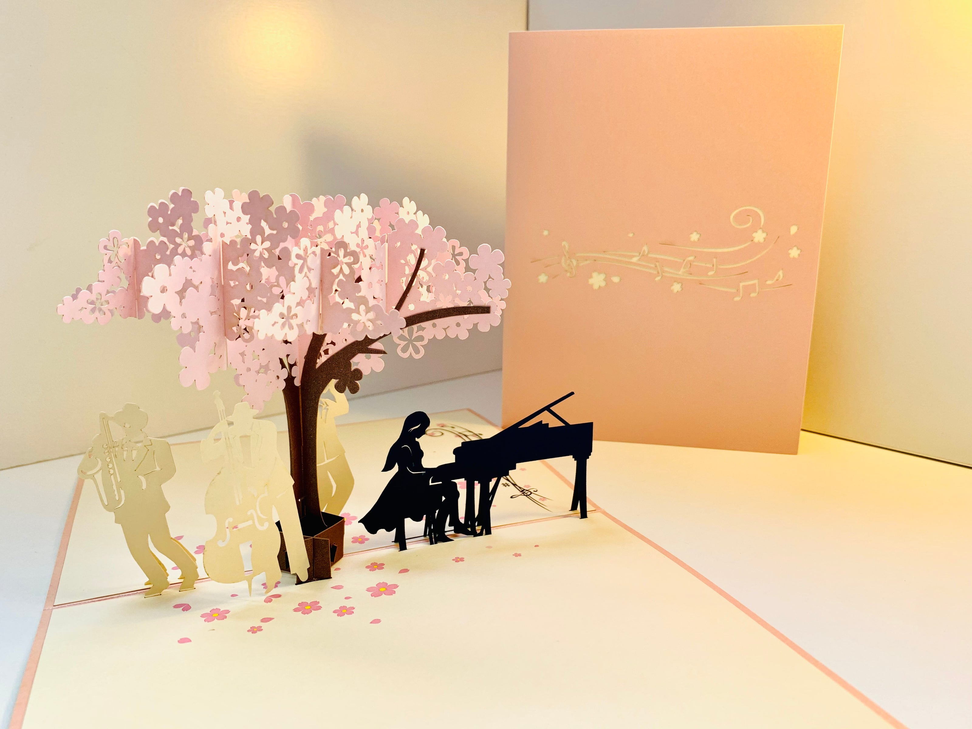 Symphony Orchestra Music Band under Cherry Blossom Tree 3D POP UP GREETING CARD - Created by Origami Pop Cards Australian Design & Handmade 3D Pop Up Magical Paper Cards, Handmade Pop Up Cards Happy Valentine's Day Celebrate Love Heart Fell and Romantic