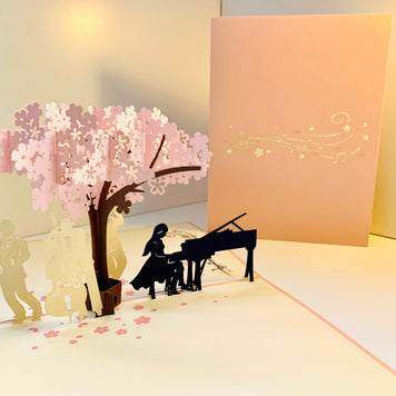 Symphony Orchestra Music Band under Cherry Blossom Tree 3D POP UP GREETING CARD - Created by Origami Pop Cards Australian Design & Handmade 3D Pop Up Magical Paper Cards, Handmade Pop Up Cards Happy Valentine's Day Celebrate Love Heart Fell and Romantic