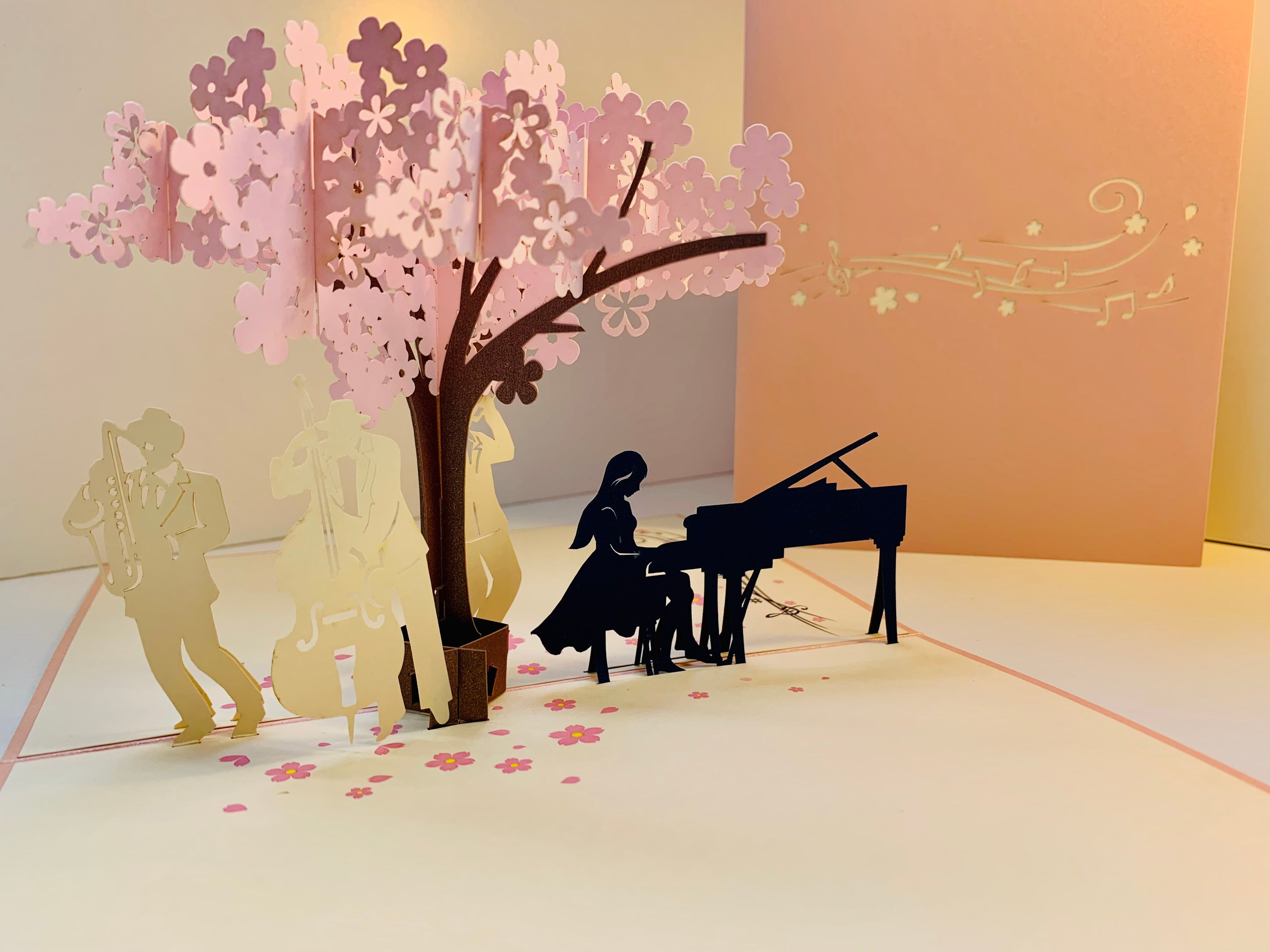 Symphony Orchestra Music Band under Cherry Blossom Tree 3D POP UP GREETING CARD - Created by Origami Pop Cards Australian Design & Handmade 3D Pop Up Magical Paper Cards, Handmade Pop Up Cards Happy Valentine's Day Celebrate Love Heart Fell and Romantic
