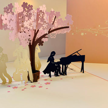 Symphony Orchestra Music Band under Cherry Blossom Tree 3D POP UP GREETING CARD - Created by Origami Pop Cards Australian Design & Handmade 3D Pop Up Magical Paper Cards, Handmade Pop Up Cards Happy Valentine's Day Celebrate Love Heart Fell and Romantic