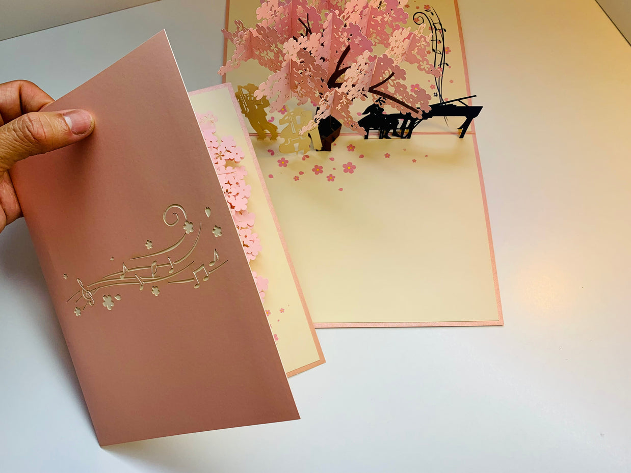 Symphony Orchestra Music Band under Cherry Blossom Tree 3D POP UP GREETING CARD - Created by Origami Pop Cards Australian Design & Handmade 3D Pop Up Magical Paper Cards, Handmade Pop Up Cards Happy Valentine's Day Celebrate Love Heart Fell and Romantic