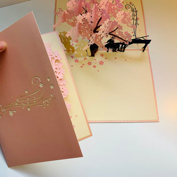 Symphony Orchestra Music Band under Cherry Blossom Tree 3D POP UP GREETING CARD - Created by Origami Pop Cards Australian Design & Handmade 3D Pop Up Magical Paper Cards, Handmade Pop Up Cards Happy Valentine's Day Celebrate Love Heart Fell and Romantic