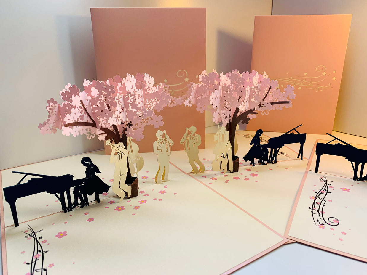 Symphony Orchestra Music Band under Cherry Blossom Tree 3D POP UP GREETING CARD - Created by Origami Pop Cards Australian Design & Handmade 3D Pop Up Magical Paper Cards, Handmade Pop Up Cards Happy Valentine's Day Celebrate Love Heart Fell and Romantic