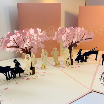 Symphony Orchestra Music Band under Cherry Blossom Tree 3D POP UP GREETING CARD - Created by Origami Pop Cards Australian Design & Handmade 3D Pop Up Magical Paper Cards, Handmade Pop Up Cards Happy Valentine's Day Celebrate Love Heart Fell and Romantic