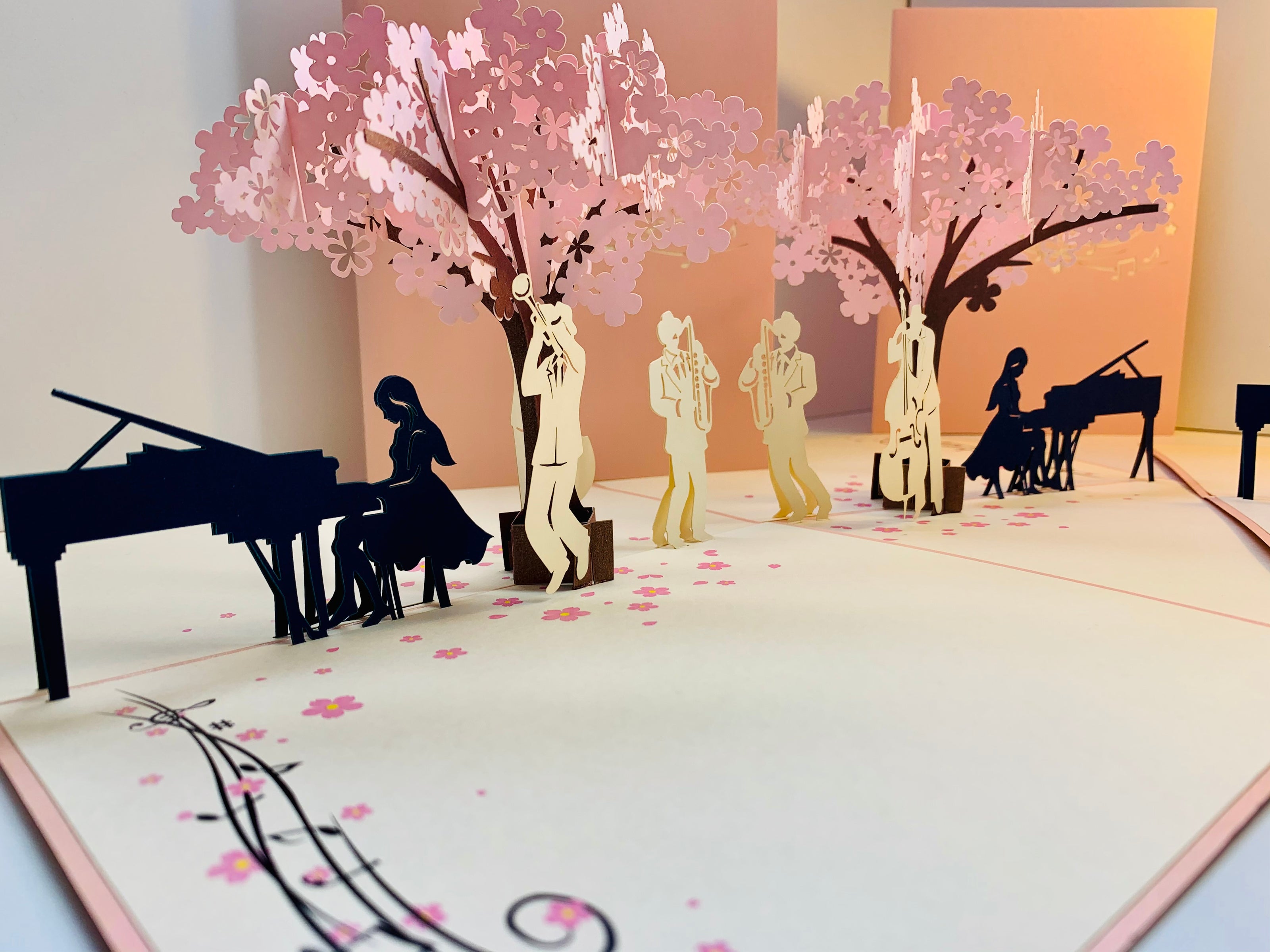 Symphony Orchestra Music Band under Cherry Blossom Tree 3D POP UP GREETING CARD - Created by Origami Pop Cards Australian Design & Handmade 3D Pop Up Magical Paper Cards, Handmade Pop Up Cards Happy Valentine's Day Celebrate Love Heart Fell and Romantic