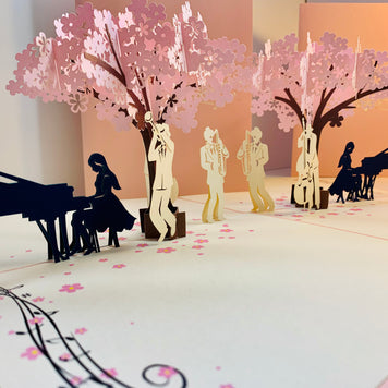 Symphony Orchestra Music Band under Cherry Blossom Tree 3D POP UP GREETING CARD - Created by Origami Pop Cards Australian Design & Handmade 3D Pop Up Magical Paper Cards, Handmade Pop Up Cards Happy Valentine's Day Celebrate Love Heart Fell and Romantic