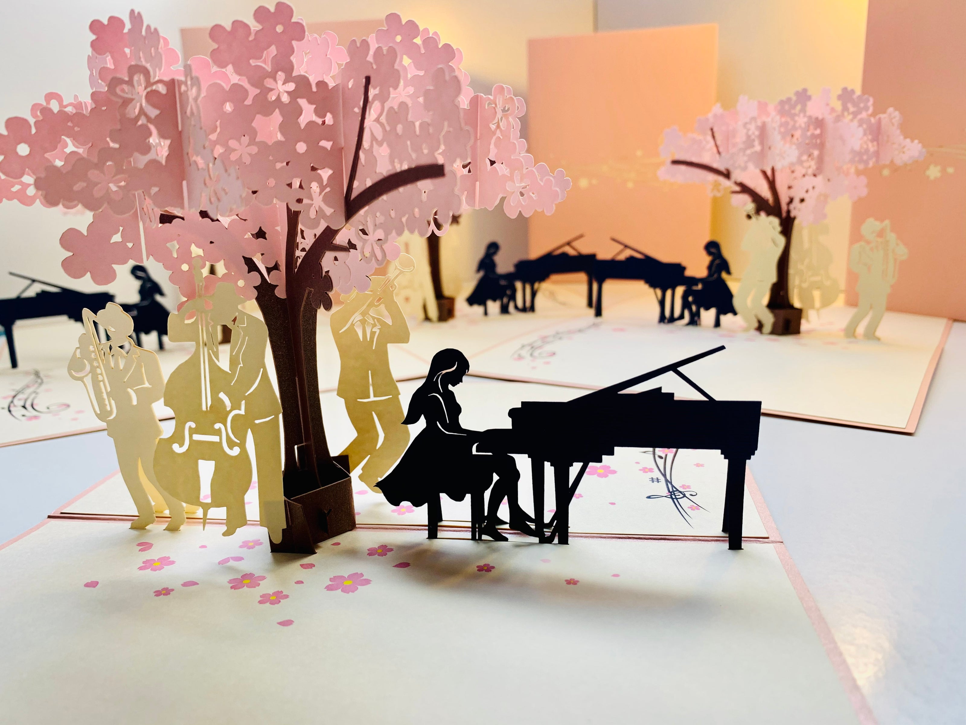 Symphony Orchestra Music Band under Cherry Blossom Tree 3D POP UP GREETING CARD - Created by Origami Pop Cards Australian Design & Handmade 3D Pop Up Magical Paper Cards, Handmade Pop Up Cards Happy Valentine's Day Celebrate Love Heart Fell and Romantic