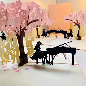 Symphony Orchestra Music Band under Cherry Blossom Tree 3D POP UP GREETING CARD - Created by Origami Pop Cards Australian Design & Handmade 3D Pop Up Magical Paper Cards, Handmade Pop Up Cards Happy Valentine's Day Celebrate Love Heart Fell and Romantic