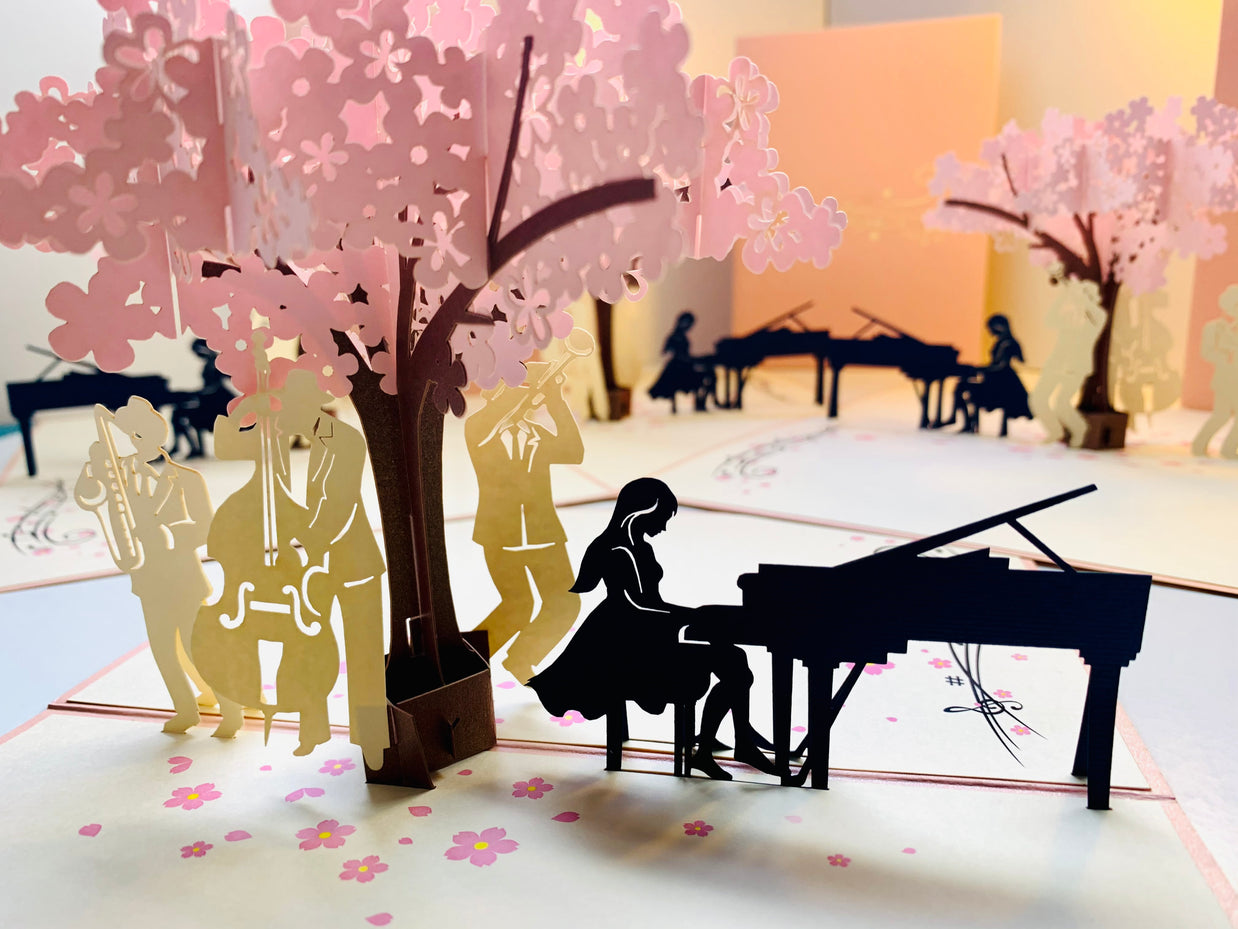 Symphony Orchestra Music Band under Cherry Blossom Tree 3D POP UP GREETING CARD - Created by Origami Pop Cards Australian Design & Handmade 3D Pop Up Magical Paper Cards, Handmade Pop Up Cards Happy Valentine's Day Celebrate Love Heart Fell and Romantic