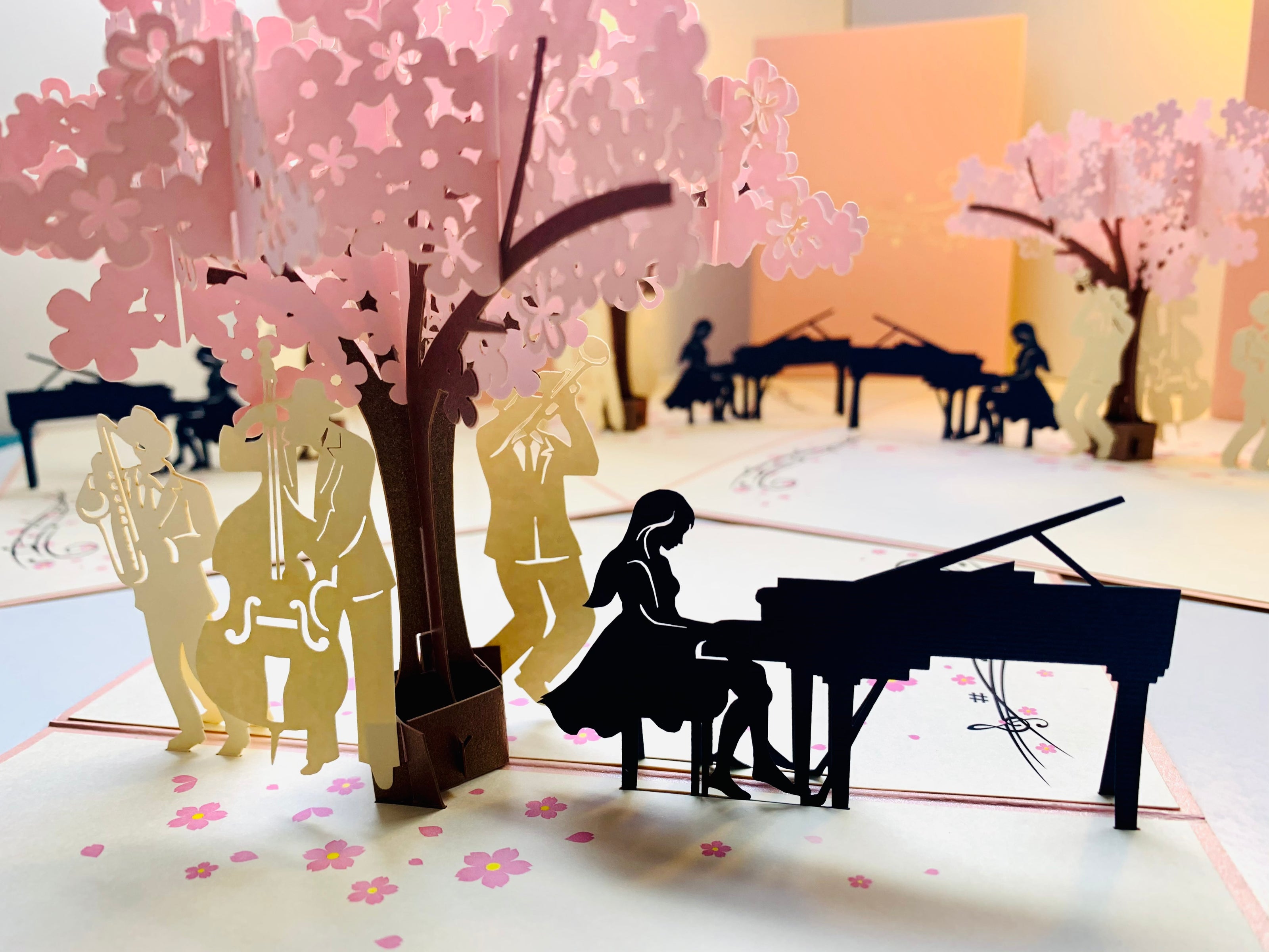Symphony Orchestra Music Band under Cherry Blossom Tree 3D POP UP GREETING CARD - Created by Origami Pop Cards Australian Design & Handmade 3D Pop Up Magical Paper Cards, Handmade Pop Up Cards Happy Valentine's Day Celebrate Love Heart Fell and Romantic
