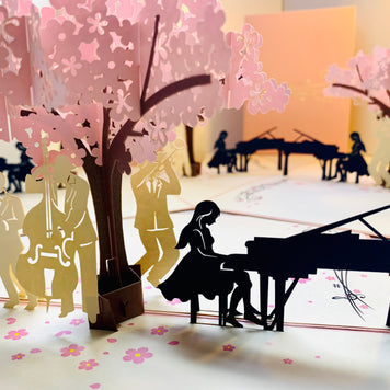 Symphony Orchestra Music Band under Cherry Blossom Tree 3D POP UP GREETING CARD - Created by Origami Pop Cards Australian Design & Handmade 3D Pop Up Magical Paper Cards, Handmade Pop Up Cards Happy Valentine's Day Celebrate Love Heart Fell and Romantic