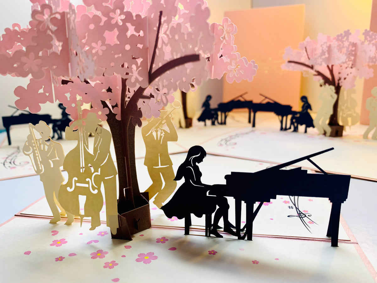 Metallic PINK Symphony Orchestra Music Band under Cherry Blossom Tree Origami Pop Cards 3D Pop Up Greeting Card Celebrate Happy Birthday Thank You Handmade Best Wishes Gift Thinking of You for Any Occasion Happy Mother's Day Happy Australiana Celebration