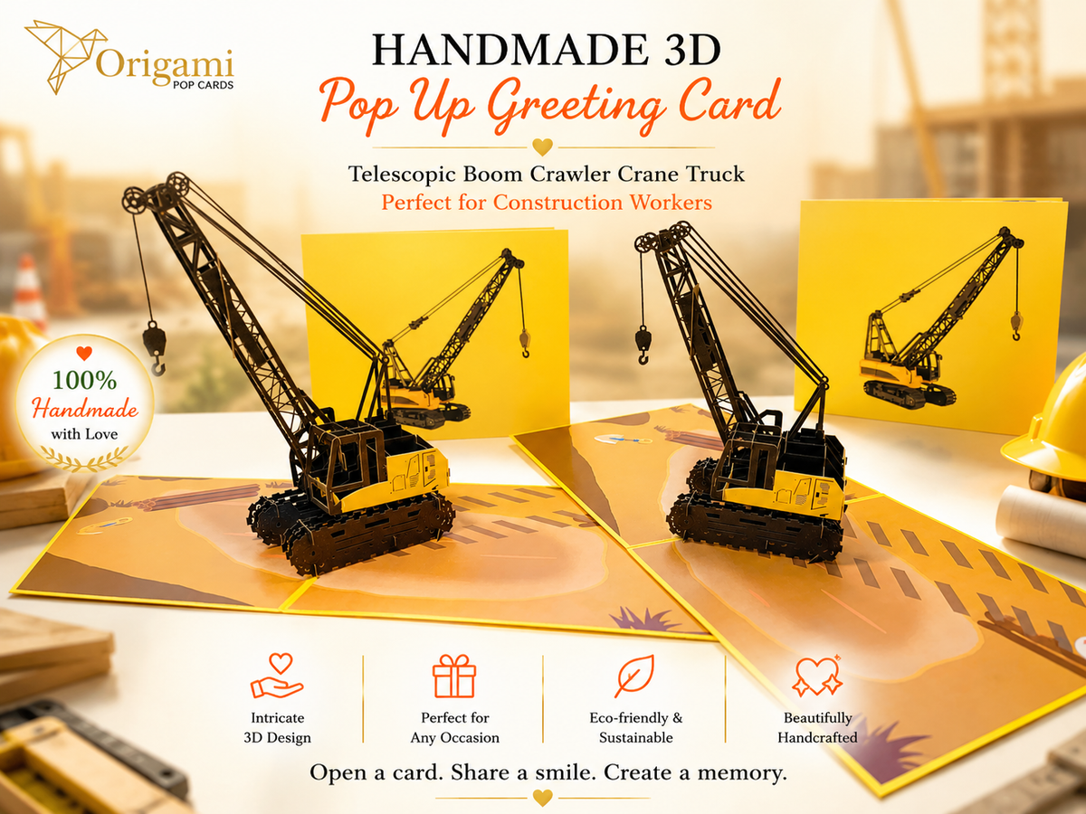 Telescopic Boom Crawler Crane Truck Perfect for Construction Workers or Little Kids Origami Pop Cards 3D Pop Up Greeting Card Thank You Handmade Gift Thinking of You Happy Birthday Occasion Australiana Celebrate the Beauty and Happiness During Special Day