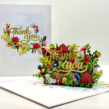 Thank You - Australian Native Garden & Birds 3D POP UP GREETING CARD - Created by Origami Pop Cards – 3D Pop Up Greeting Cards, Australian Design & Handmade, Thank you Cards, 3D Pop Up Magical Paper Cards, Handmade Pop Up Cards for Any Occasion