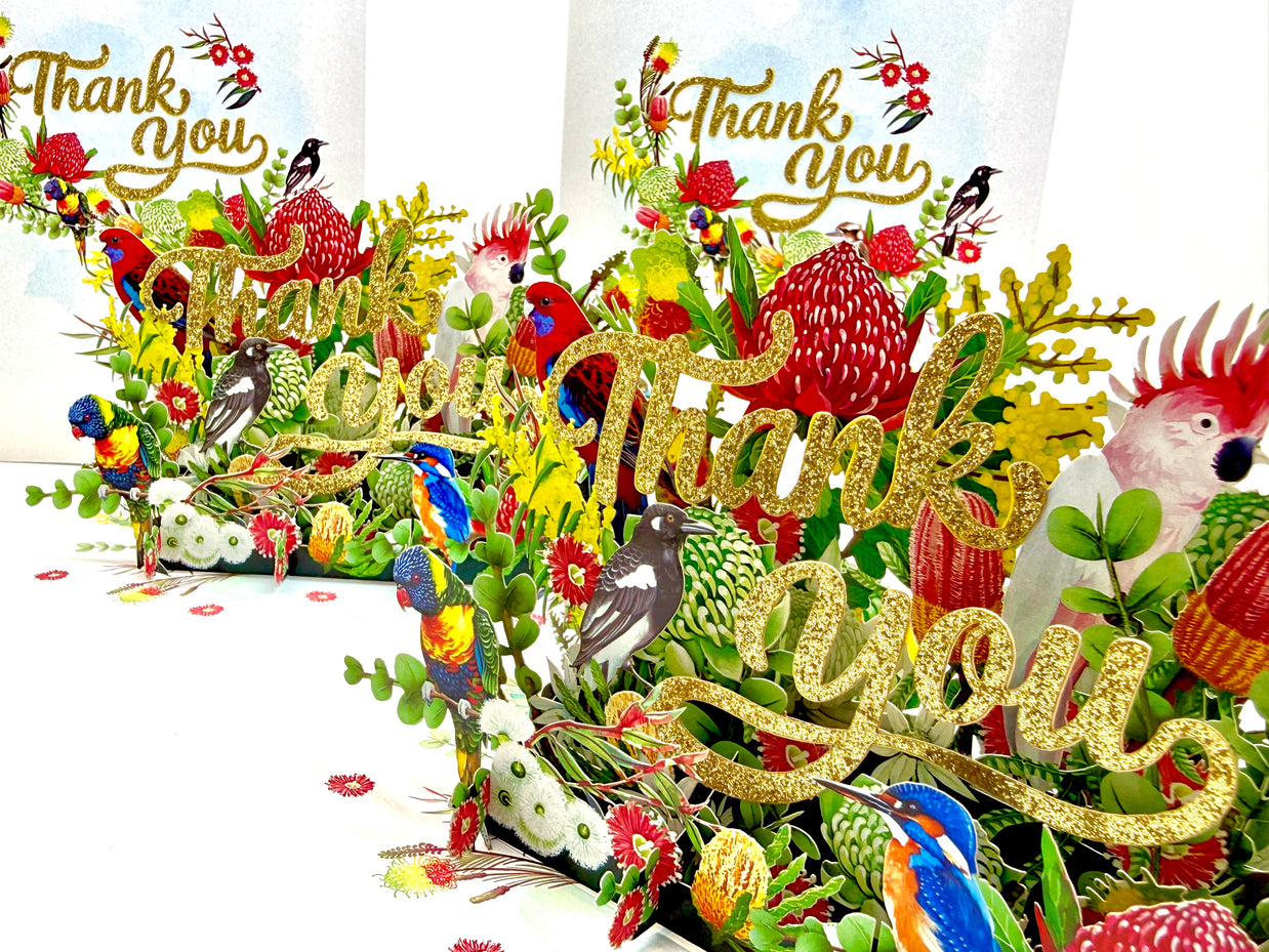 Thank You - Australian Native Garden & Birds 3D POP UP GREETING CARD - Created by Origami Pop Cards – 3D Pop Up Greeting Cards, Australian Design & Handmade, Thank you Cards, 3D Pop Up Magical Paper Cards, Handmade Pop Up Cards for Any Occasion