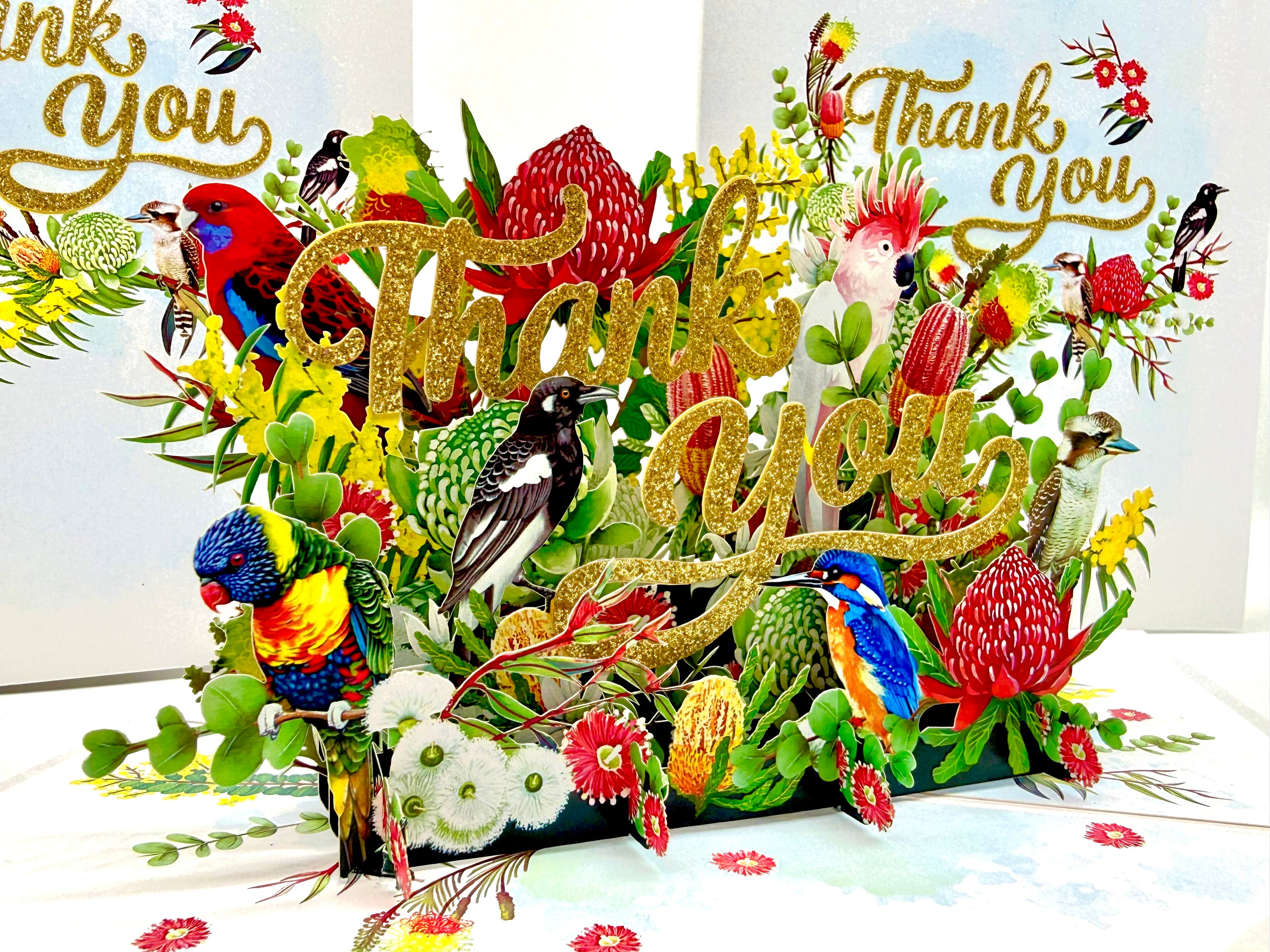 Thank You - Australian Native Garden & Birds 3D POP UP GREETING CARD - Created by Origami Pop Cards – 3D Pop Up Greeting Cards, Australian Design & Handmade, Thank you Cards, 3D Pop Up Magical Paper Cards, Handmade Pop Up Cards for Any Occasion