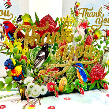 Thank You - Australian Native Garden & Birds 3D POP UP GREETING CARD - Created by Origami Pop Cards – 3D Pop Up Greeting Cards, Australian Design & Handmade, Thank you Cards, 3D Pop Up Magical Paper Cards, Handmade Pop Up Cards for Any Occasion