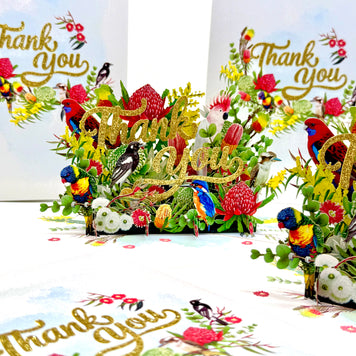 Thank You - Australian Native Garden & Birds 3D POP UP GREETING CARD - Created by Origami Pop Cards – 3D Pop Up Greeting Cards, Australian Design & Handmade, Thank you Cards, 3D Pop Up Magical Paper Cards, Handmade Pop Up Cards for Any Occasion
