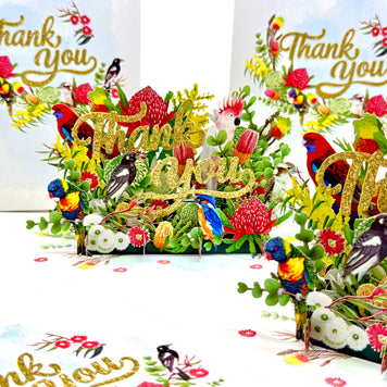 Thank You - Australian Native Garden & Birds 3D POP UP GREETING CARD - Created by Origami Pop Cards – 3D Pop Up Greeting Cards, Australian Design & Handmade, Thank you Cards, 3D Pop Up Magical Paper Cards, Handmade Pop Up Cards for Any Occasion