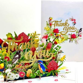 Thank You - Australian Native Garden & Birds 3D POP UP GREETING CARD - Created by Origami Pop Cards – 3D Pop Up Greeting Cards, Australian Design & Handmade, Thank you Cards, 3D Pop Up Magical Paper Cards, Handmade Pop Up Cards for Any Occasion