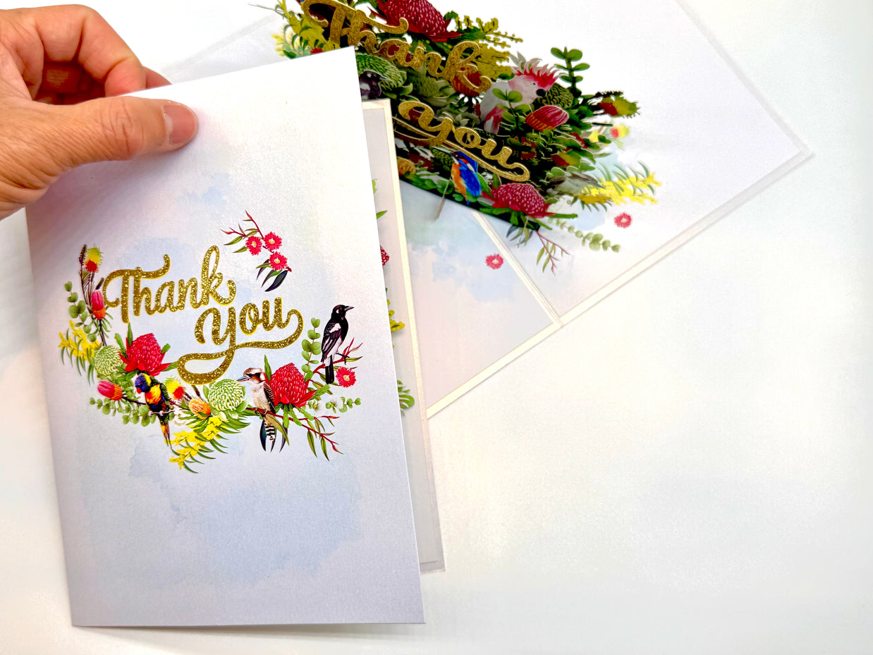 Thank You - Australian Native Garden & Birds 3D POP UP GREETING CARD - Created by Origami Pop Cards – 3D Pop Up Greeting Cards, Australian Design & Handmade, Thank you Cards, 3D Pop Up Magical Paper Cards, Handmade Pop Up Cards for Any Occasion