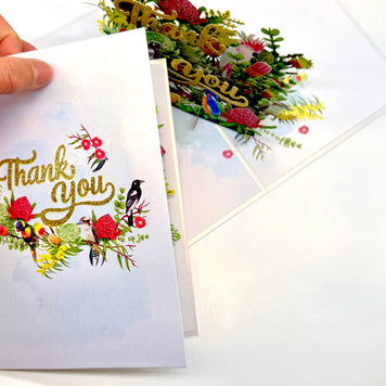 Thank You - Australian Native Garden & Birds 3D POP UP GREETING CARD - Created by Origami Pop Cards – 3D Pop Up Greeting Cards, Australian Design & Handmade, Thank you Cards, 3D Pop Up Magical Paper Cards, Handmade Pop Up Cards for Any Occasion